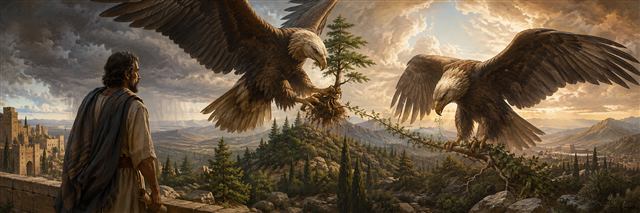 Ezekiel watches two great eagles as one lifts a cedar shoot and the other draws a vine toward itself