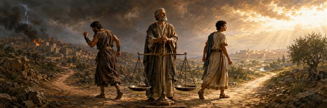 Three generations stand at diverging roads beside balanced scales, with the youngest turning toward a bright path