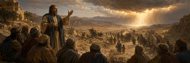 Ezekiel addresses seated elders while a long wilderness procession passes abandoned idols beneath a storm-lit sky