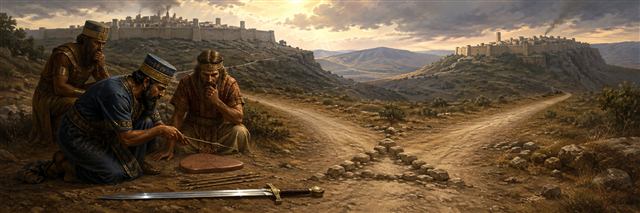 Babylonian messengers examine arrows and a clay divination model beside a polished sword where two roads divide around low stones