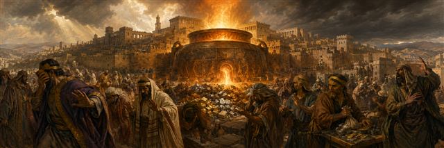 A vast refining furnace glows before Jerusalem as rulers, priests, merchants, and prophets recoil around mixed metals