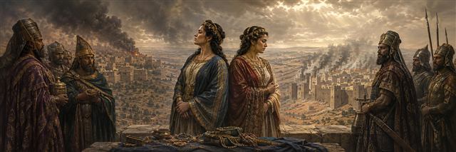 Two richly dressed sisters representing Samaria and Jerusalem stand between foreign envoys as both cities smoke behind them