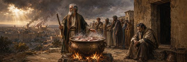 A steaming bronze cauldron stands before Ezekiel and the exiles while a grieving man sits beside a darkened home