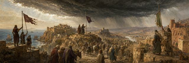 Ancient coastal and mountain strongholds lower their standards as one dark storm advances across the region