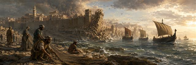 Tyre's seaside walls collapse while merchant ships sail away and fishermen spread nets on the rocky shore