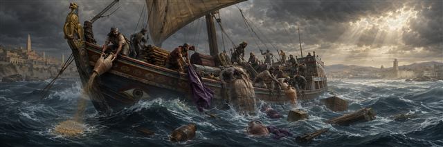 Sailors cast cargo from a richly decorated Phoenician merchant ship as it founders in stormy seas