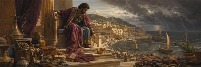 Tyre's humbled prince lowers his head as his crown slips beside treasures and a storm-darkened harbor