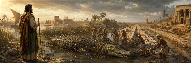 Workers draw a giant crocodile from the Nile in a broad net while Ezekiel watches beside drying canals