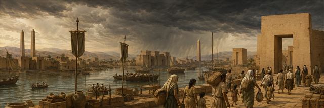 Families leave a plain Egyptian river city as lowered standards and a dark northern storm signal approaching defeat