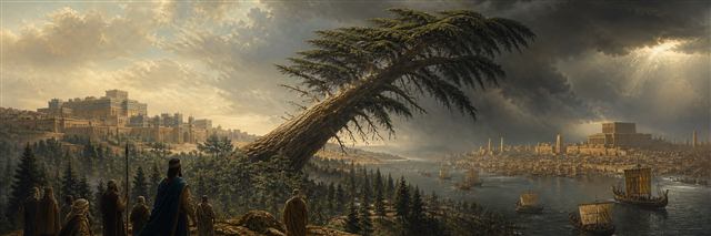 An enormous cedar towers above nations and waterways but begins to lean as a dark storm gathers