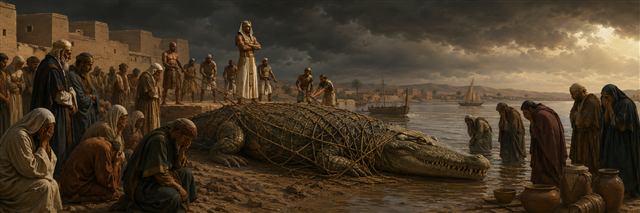 A giant Nile crocodile rests beneath a broad net as Pharaoh and surrounding nations bow in subdued lament
