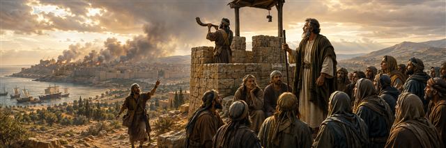 A watchman sounds a horn above Ezekiel and attentive exiles as a messenger arrives from fallen Jerusalem