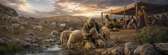 A humble shepherd embraces a weak sheep beside clear water while self-serving leaders feast under a shelter