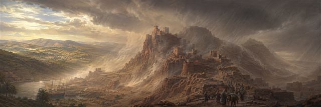A storm sweeps across the emptied red strongholds of Mount Seir while Israel's distant hills receive light