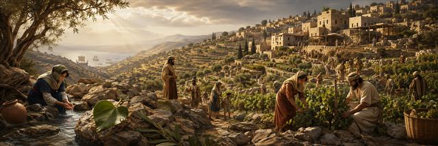 Returning families plant vineyards on renewed hills beside a cleansing spring and a fresh green leaf