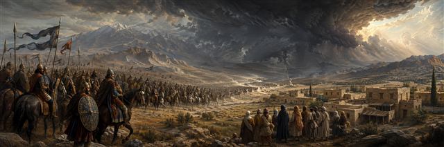 A vast northern cavalry descends toward peaceful unwalled villages as an immense storm gathers above the army