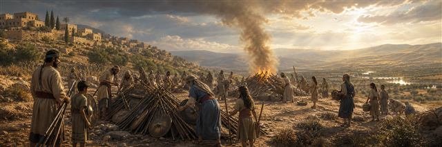 Families stack abandoned bows, shields, and spears for a cleansing fire across Israel's restored hills