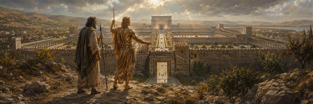 Ezekiel watches a bronze-like guide measure the gateways and courts of a vast symmetrical temple complex