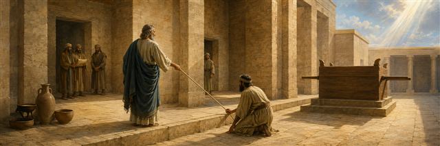 Ezekiel and a guide measure the plain stone sanctuary, side chambers, thresholds, and wooden altar