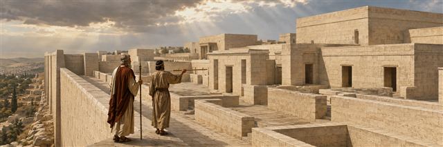Ezekiel and the guide walk among plain priestly chambers and terraces inside a clear temple boundary wall
