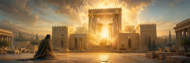 Ezekiel kneels as overwhelming golden radiance enters the restored temple through its eastern gateway