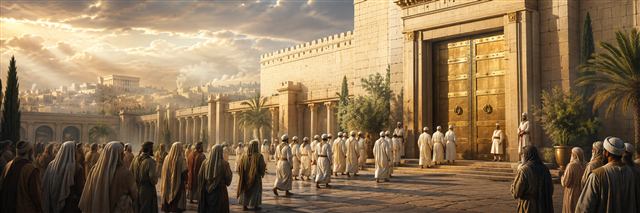Faithful priests in plain white linen gather before the temple while its great eastern gate remains closed