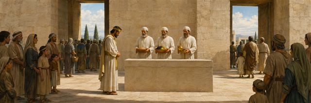 A humble prince bows before priests carrying simple offerings as worshipers pass through opposite temple gateways