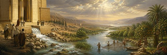 A clear river flows from the temple into a green valley lined with fruit trees as fishers spread their nets