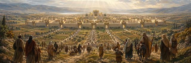 Families approach a harmonious twelve-gated city from every direction across a restored and carefully ordered land