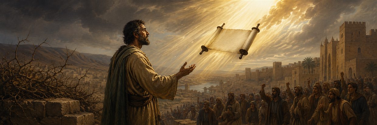 Ezekiel reaches toward a blank scroll in radiant light while a resistant crowd gathers below