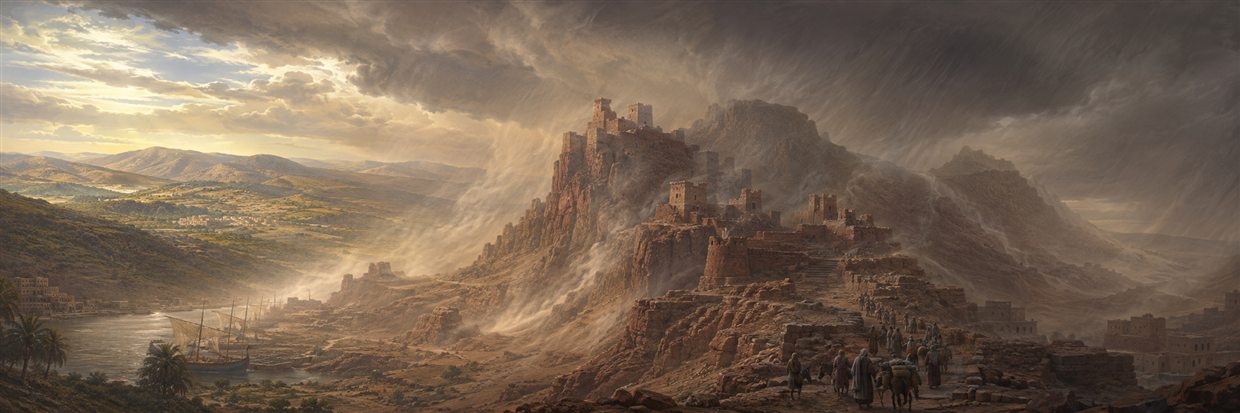 A storm sweeps across the emptied red strongholds of Mount Seir while Israel's distant hills receive light