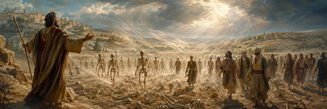 Ezekiel speaks in a valley as dry bones rise into skeletons and then become a living people beneath a sweeping wind