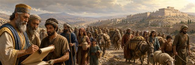 A great caravan of returning families approaching Jerusalem as elders tally households