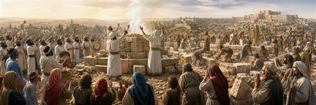 Returned exiles worshiping at the rebuilt altar while workers lay the temple foundation