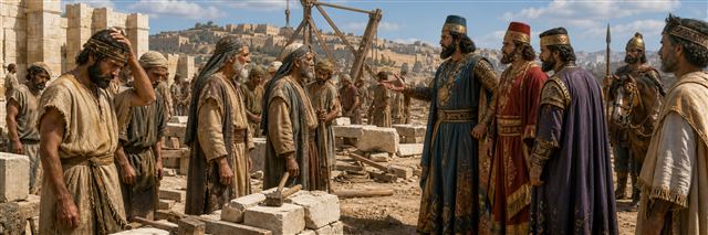 Regional officials confronting Judean elders as discouraged builders pause among unfinished temple stones
