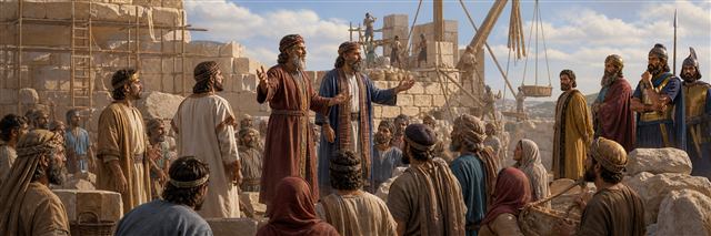 Prophets encouraging Zerubbabel, Jeshua, and laborers as temple construction resumes