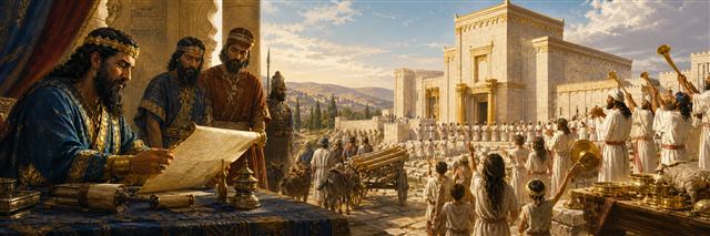 Darius reviewing the decree while the completed Jerusalem temple is joyfully dedicated