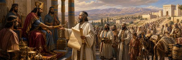 Ezra receiving authority and resources from Artaxerxes before leading travelers to Jerusalem