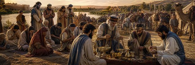 Ezra and returnees fasting beside the Ahava River while priests weigh sacred treasure