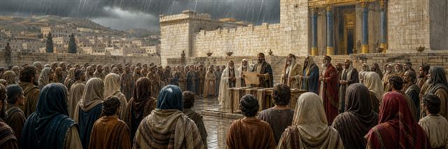 Returned exiles gathered in heavy rain as Ezra and leaders guide solemn covenant reform