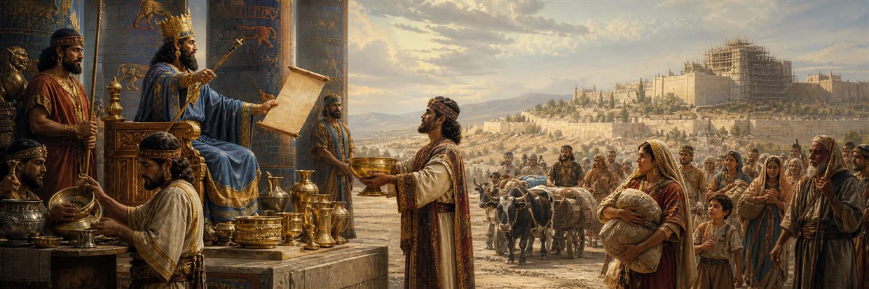 King Cyrus commissioning Judean returnees as temple vessels are counted for Jerusalem