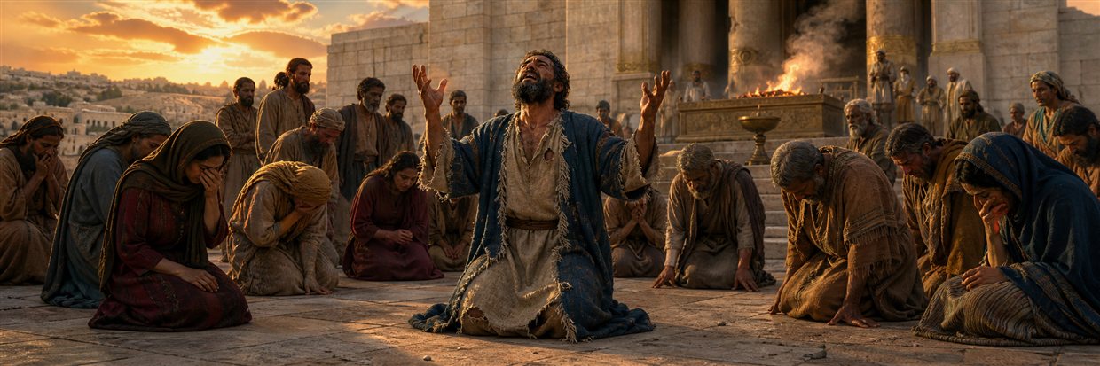 Ezra kneeling in grief and confession before the temple as the community gathers