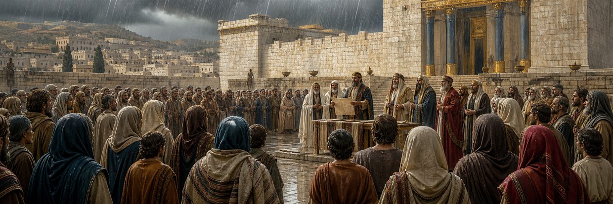 Returned exiles gathered in heavy rain as Ezra and leaders guide solemn covenant reform