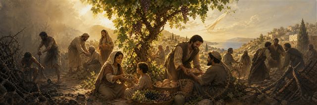 A community sharing fruit and bread beneath a flourishing vine as broken restraints lie behind them