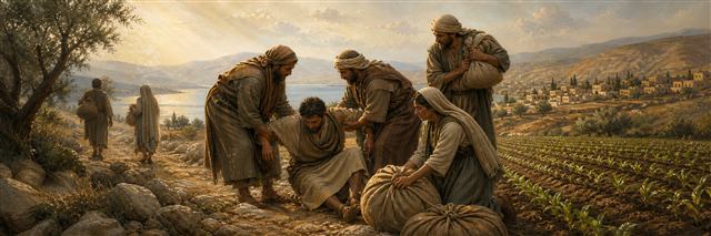 Travelers helping a fallen companion and sharing heavy bundles beside rows of young crops