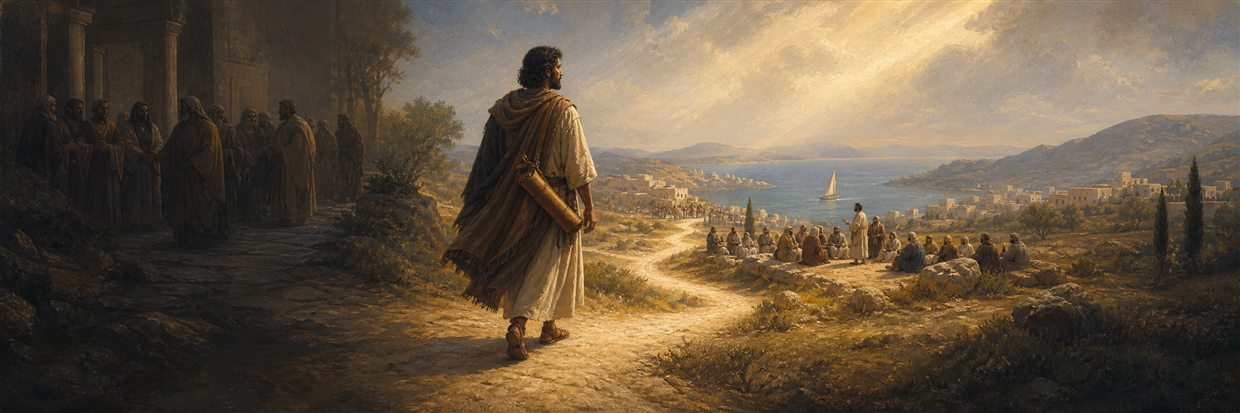 A first-century messenger carrying a scroll case toward distant assemblies along a sunlit coastal road