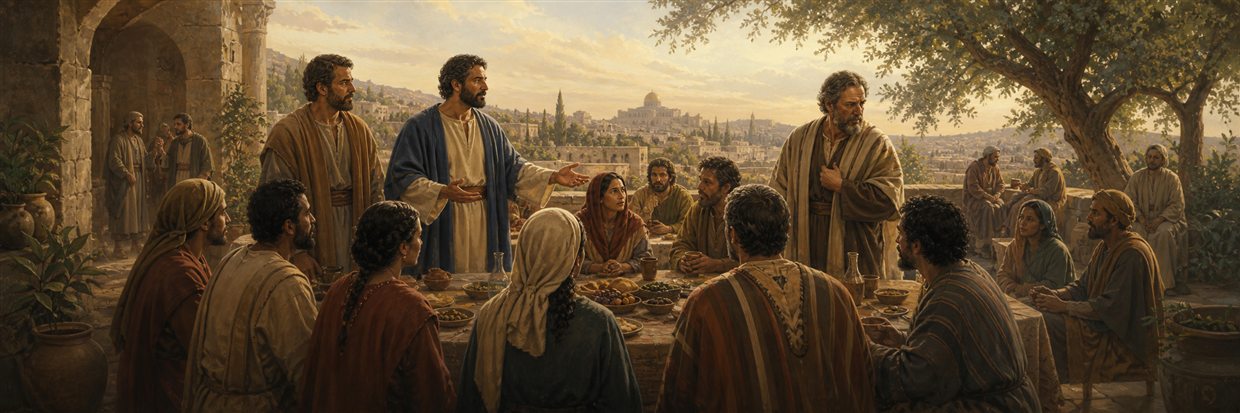 Jewish and Gentile believers sharing one table as leaders resolve a tense separation