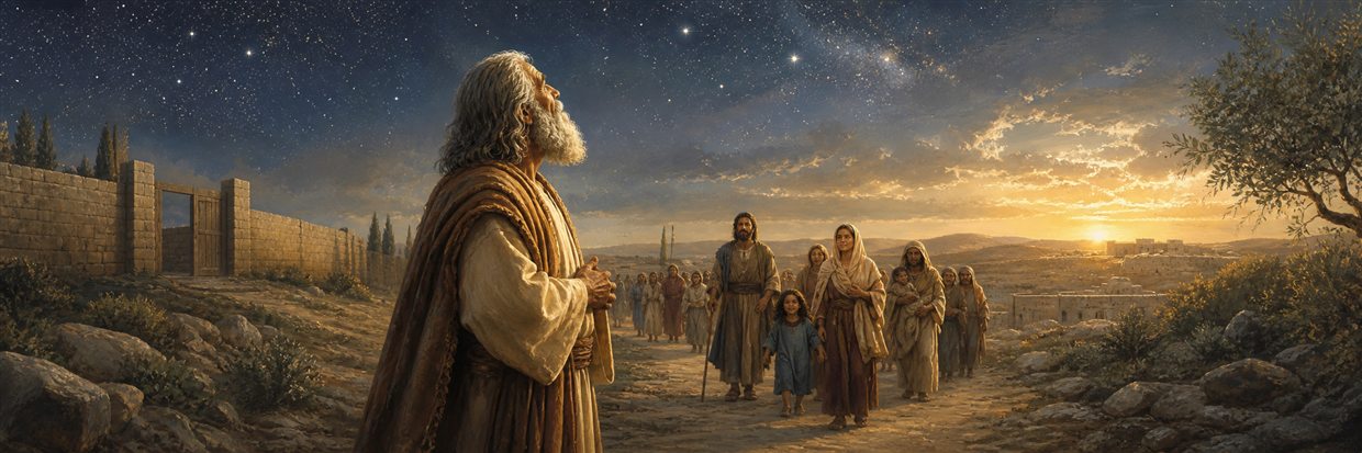 Abraham beneath countless stars as a diverse multigenerational family approaches along an open road