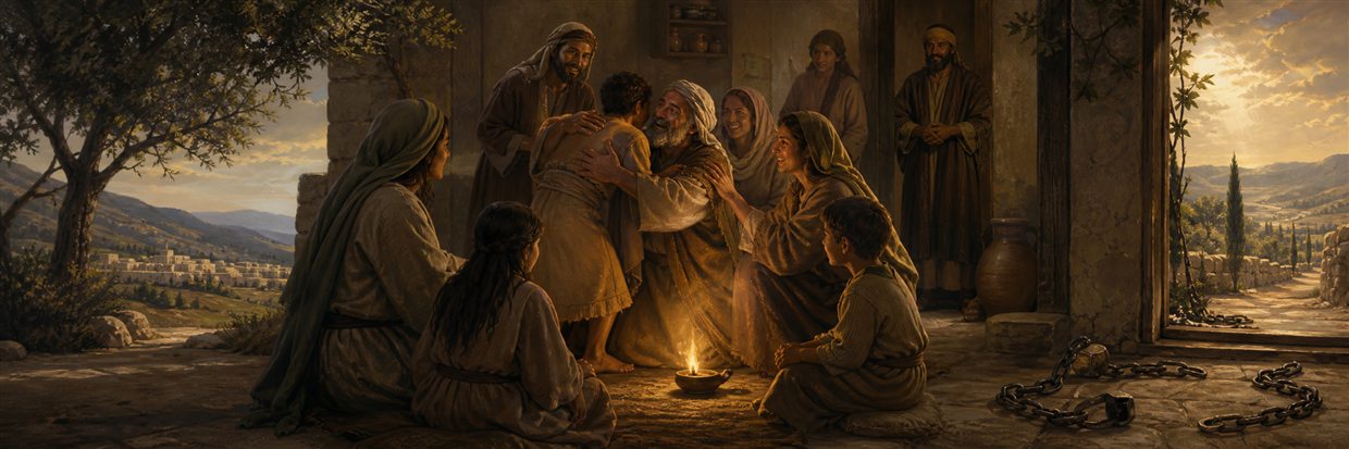 A joyful household welcoming sons and daughters beside a warm lamp and opened chains at the doorway