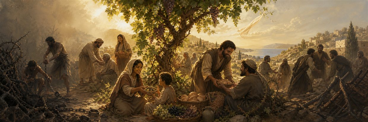 A community sharing fruit and bread beneath a flourishing vine as broken restraints lie behind them